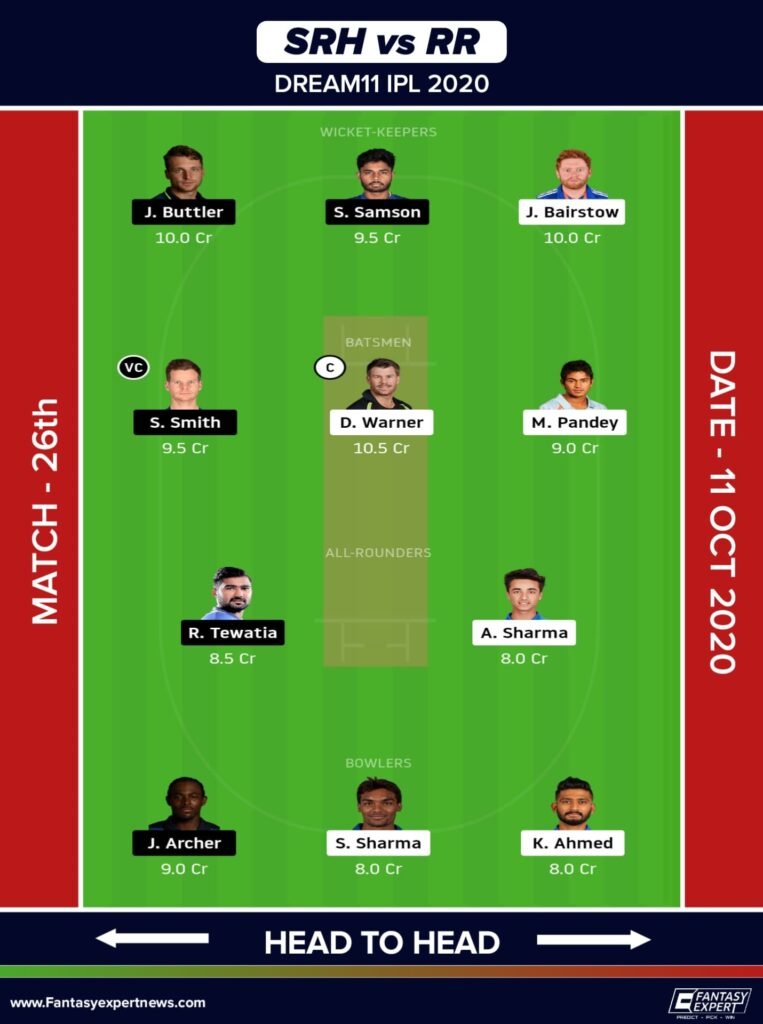 SRH vs RR Dream11 Team Prediction