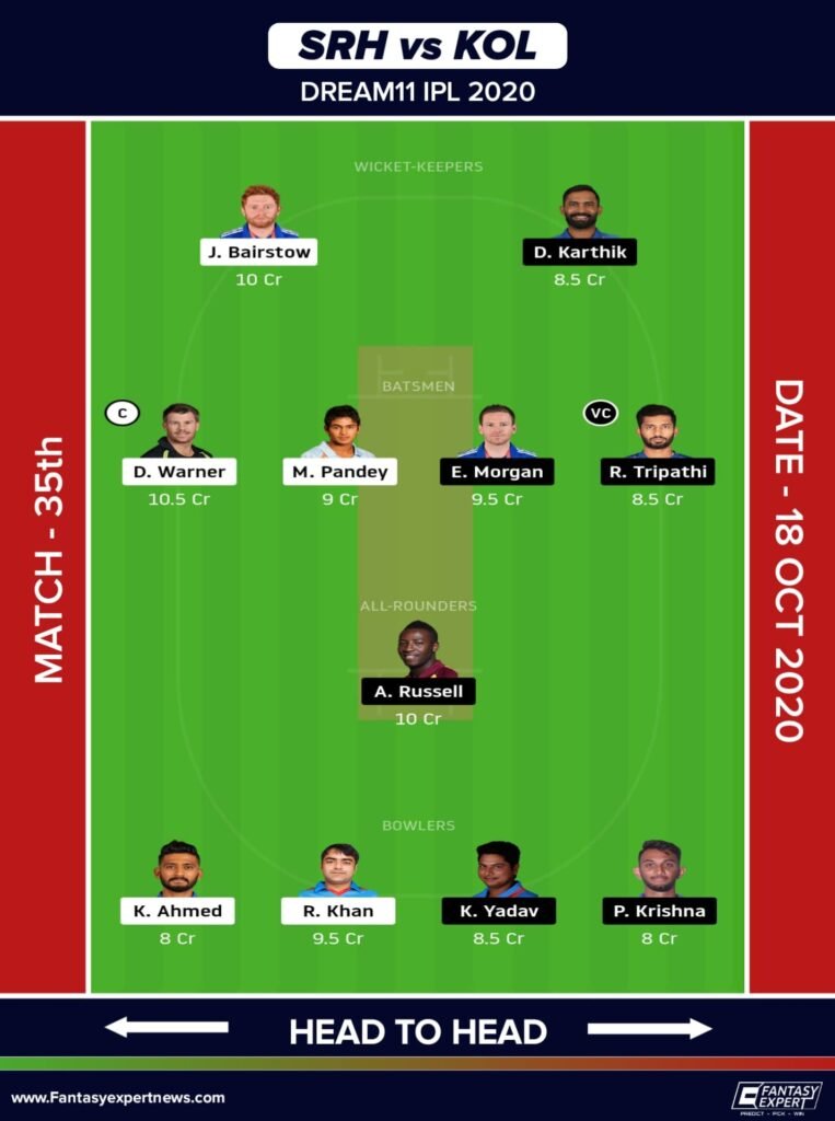 SRH vs KOL Dream11 Team For Head to Head League
