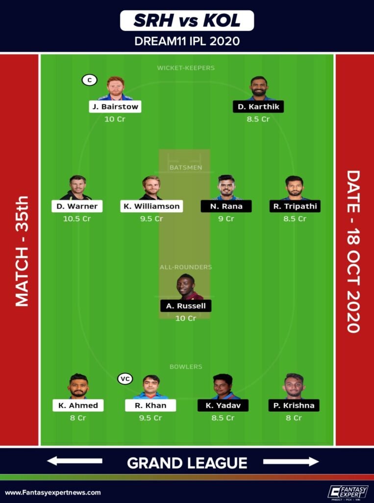 SRH vs KOL Dream11 Team For Grand League