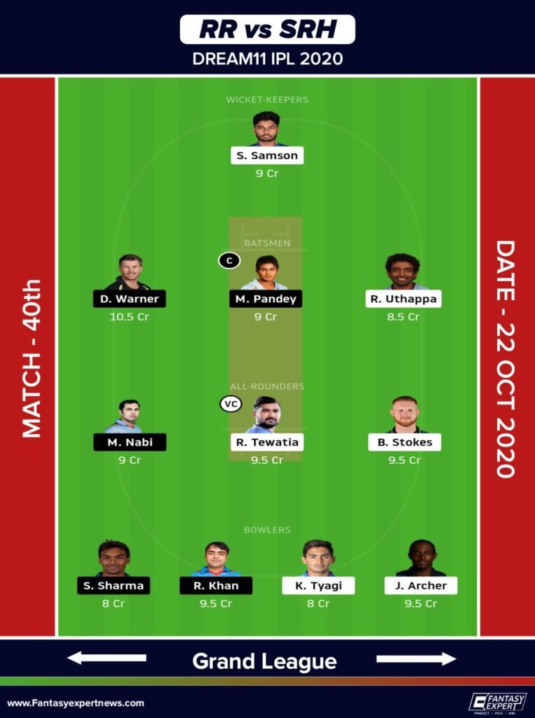 RR vs SRH Dream11 Team For Grand League