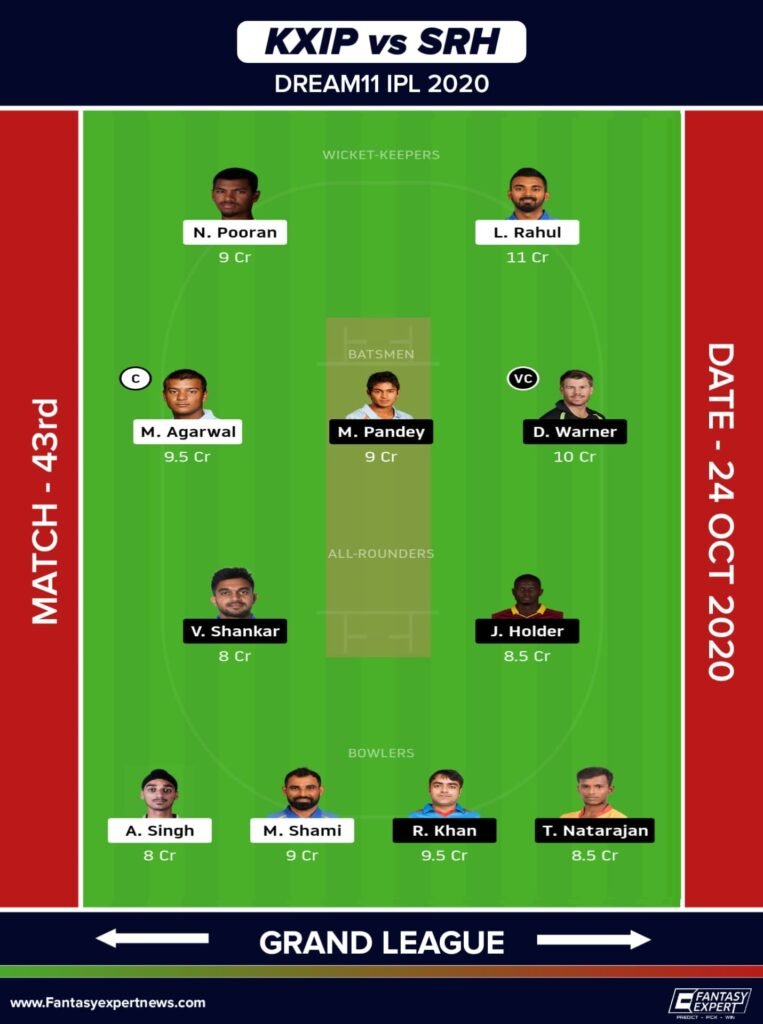 KXIP vs SRH Grand League Team for Dream11