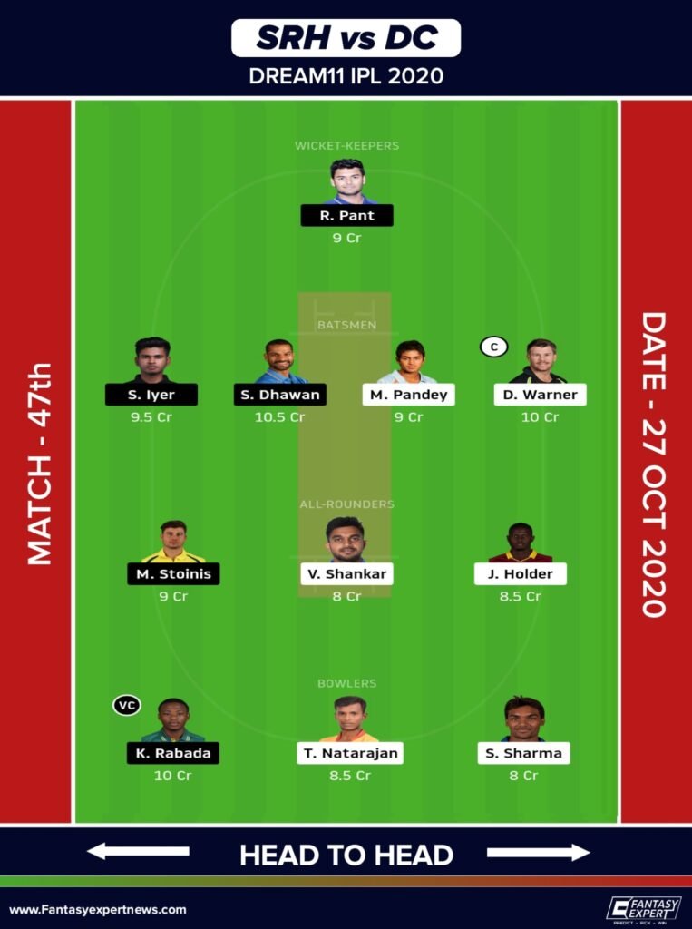 SRH vs DC Dream11 Team Prediction