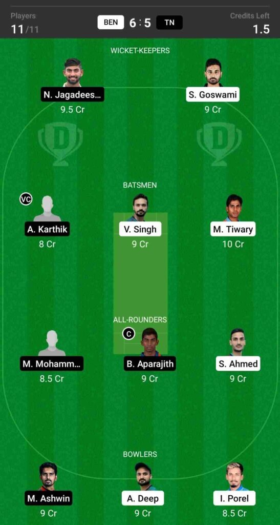 BEN vs TN Dream11 Team For Grand League