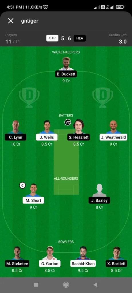 STR vs HEA Dream11 Team Prediction for Small League