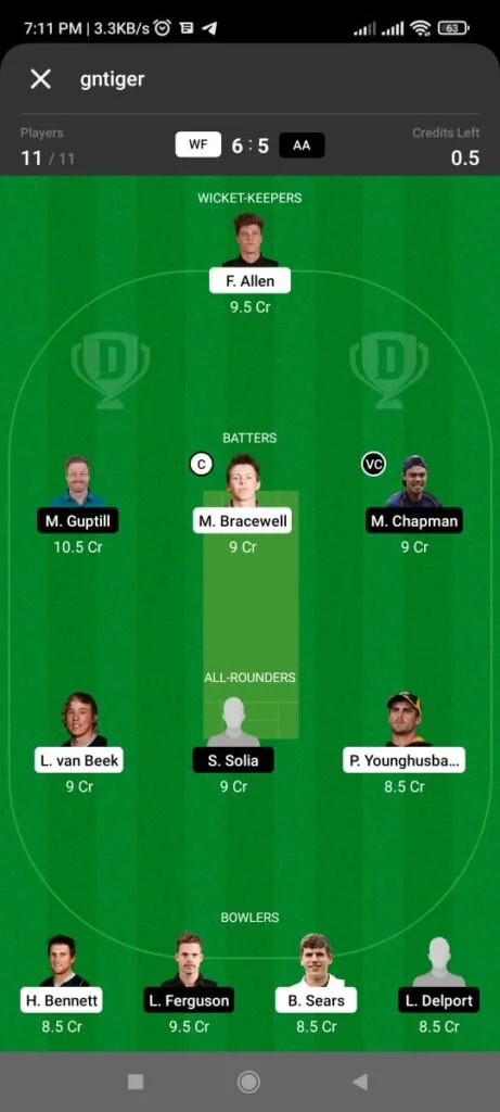 WF vs AA Dream11 Team Prediction for Grand League