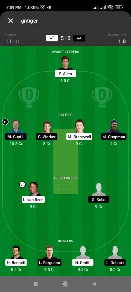 WF vs AA Dream11 Team Prediction for Small League