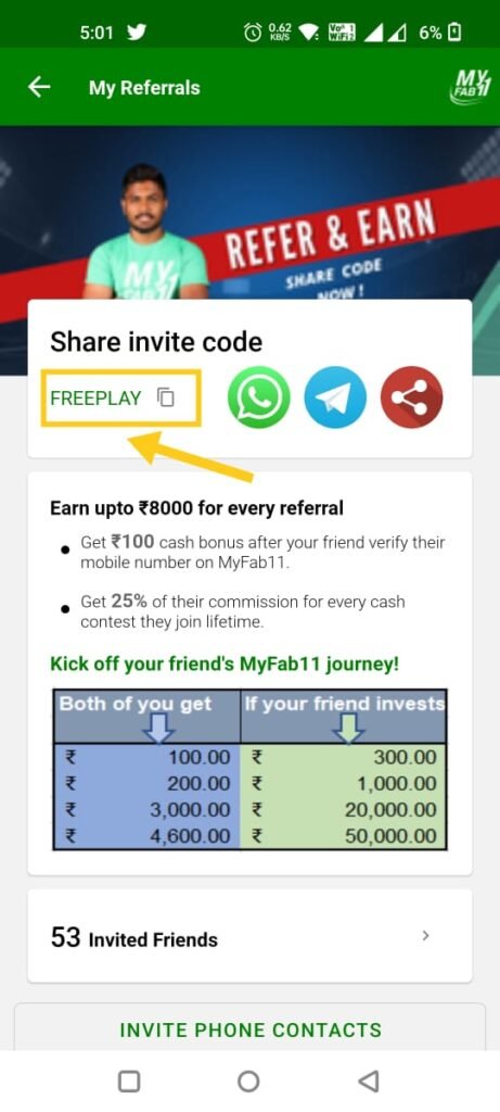 MyFab11 Referral Code Screenshot