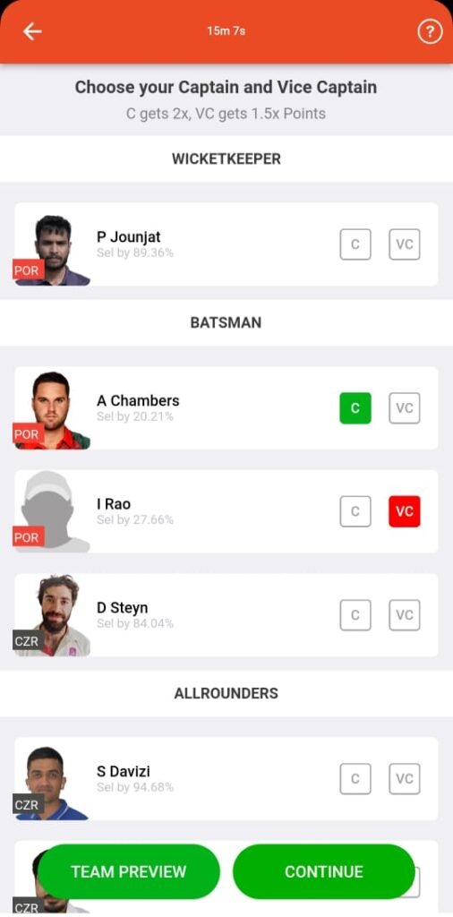 Captain and Vice-Captain in Fantasy Squad App