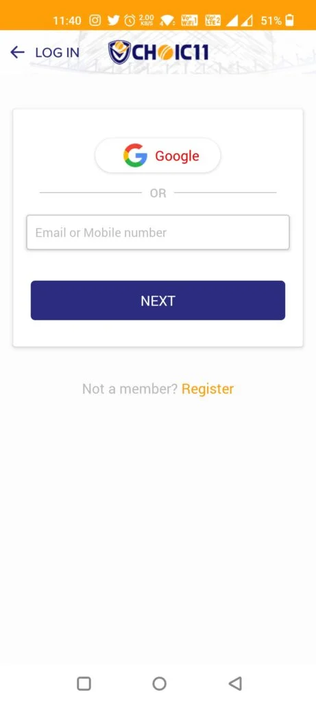 Login in Choic11 Fantasy App