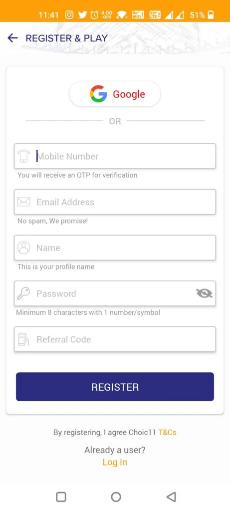 Choic11 Fantasy App registration
