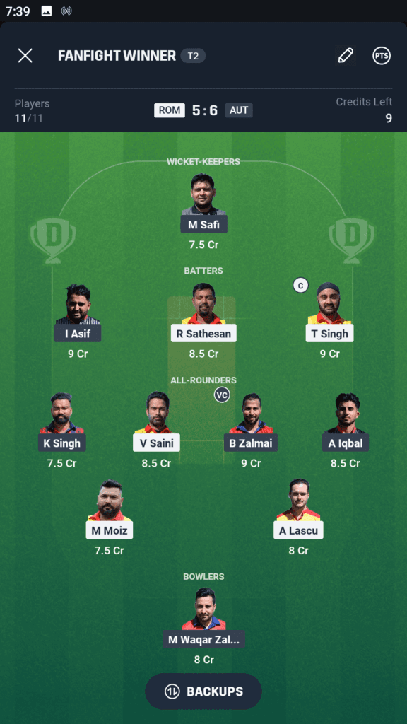 ROM vs AUS Dream11 Team For Grand League
