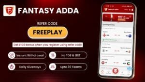 Fantasy Adda app review banner showing refer code FREEPLAY and bonus details