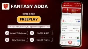 Fantasy Adda app review banner showing refer code FREEPLAY and bonus details