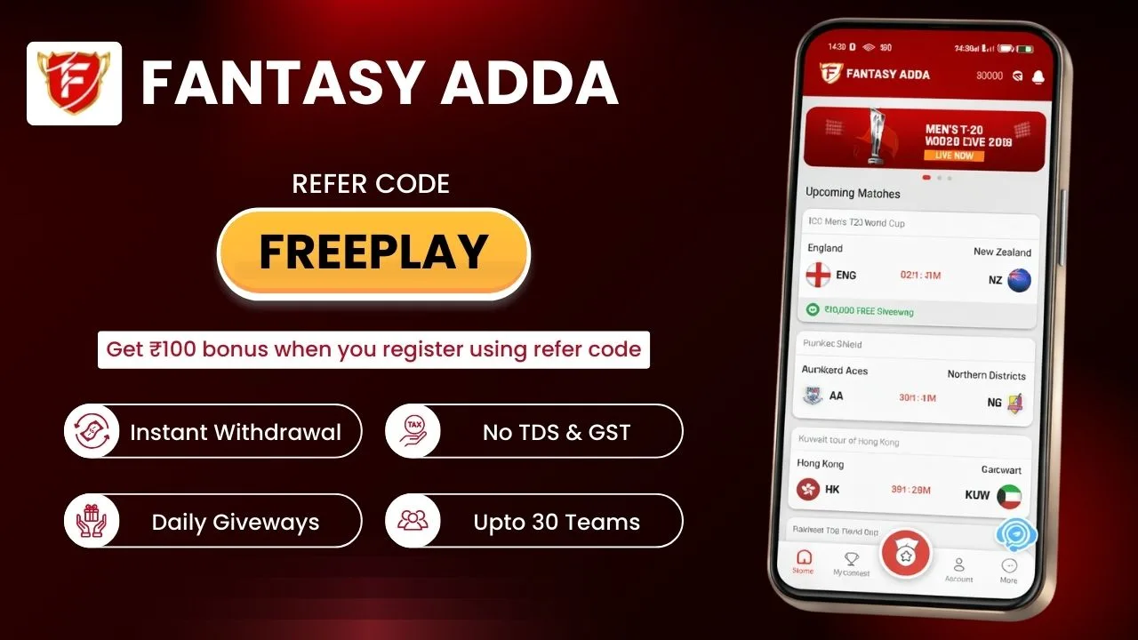Fantasy Adda app review banner showing refer code FREEPLAY and bonus details