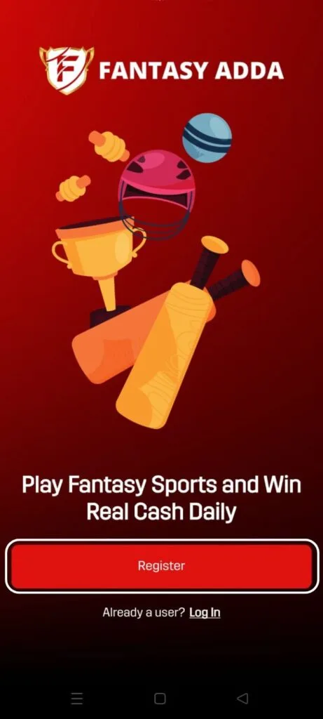 Fantasy Adda app home screen showing register button and fantasy cricket banner