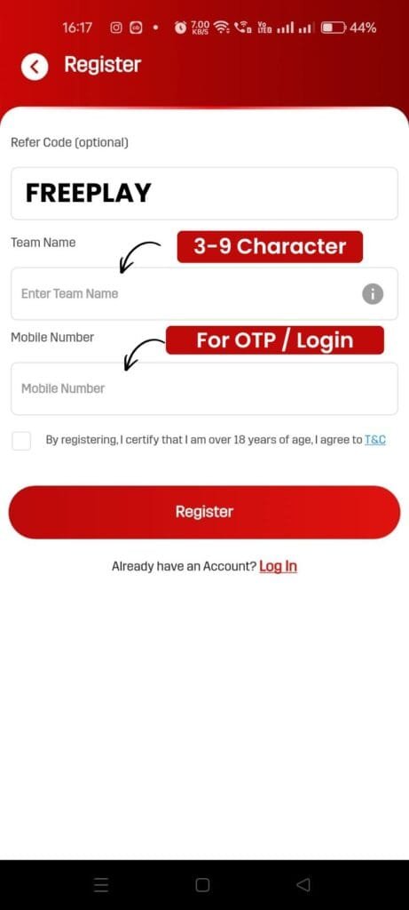 Fantasy Adda Refer Code FREEPLAY Registration Fantasy Adda registration page with refer code FREEPLAY and team name setup