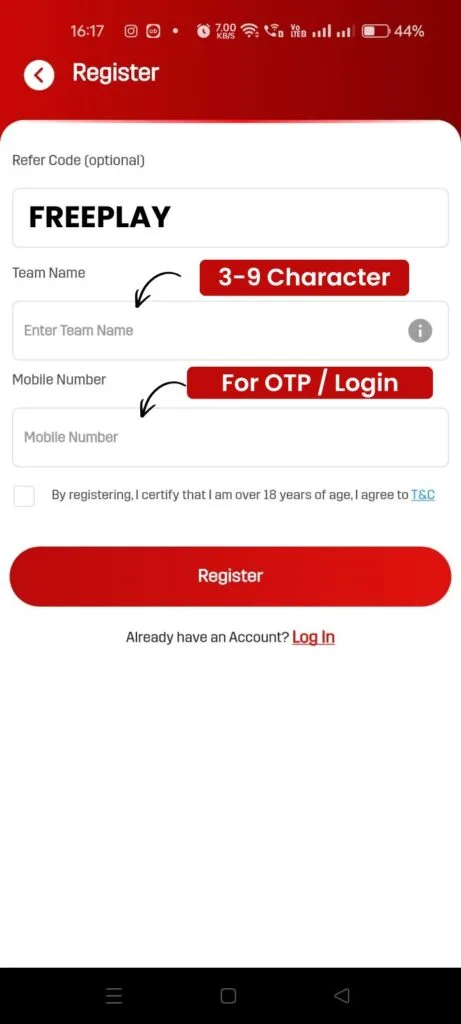 Fantasy Adda registration page with refer code FREEPLAY and team name setup