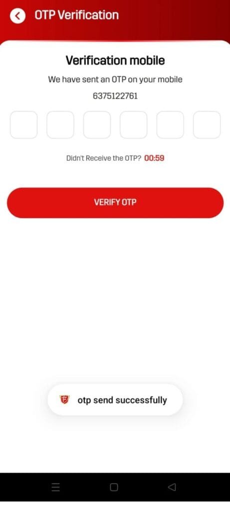 Fantasy Adda OTP Verification Process Fantasy Adda OTP verification screen during mobile number registration