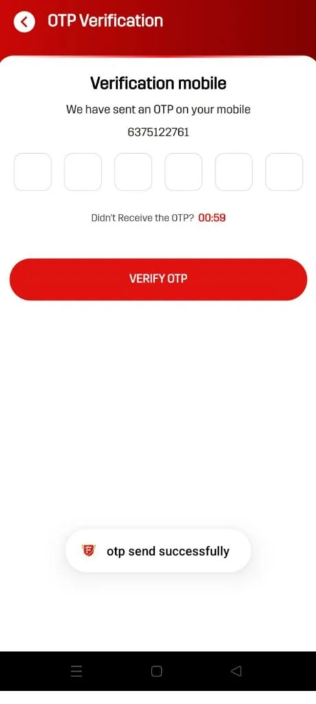 Fantasy Adda OTP verification screen during mobile number registration
