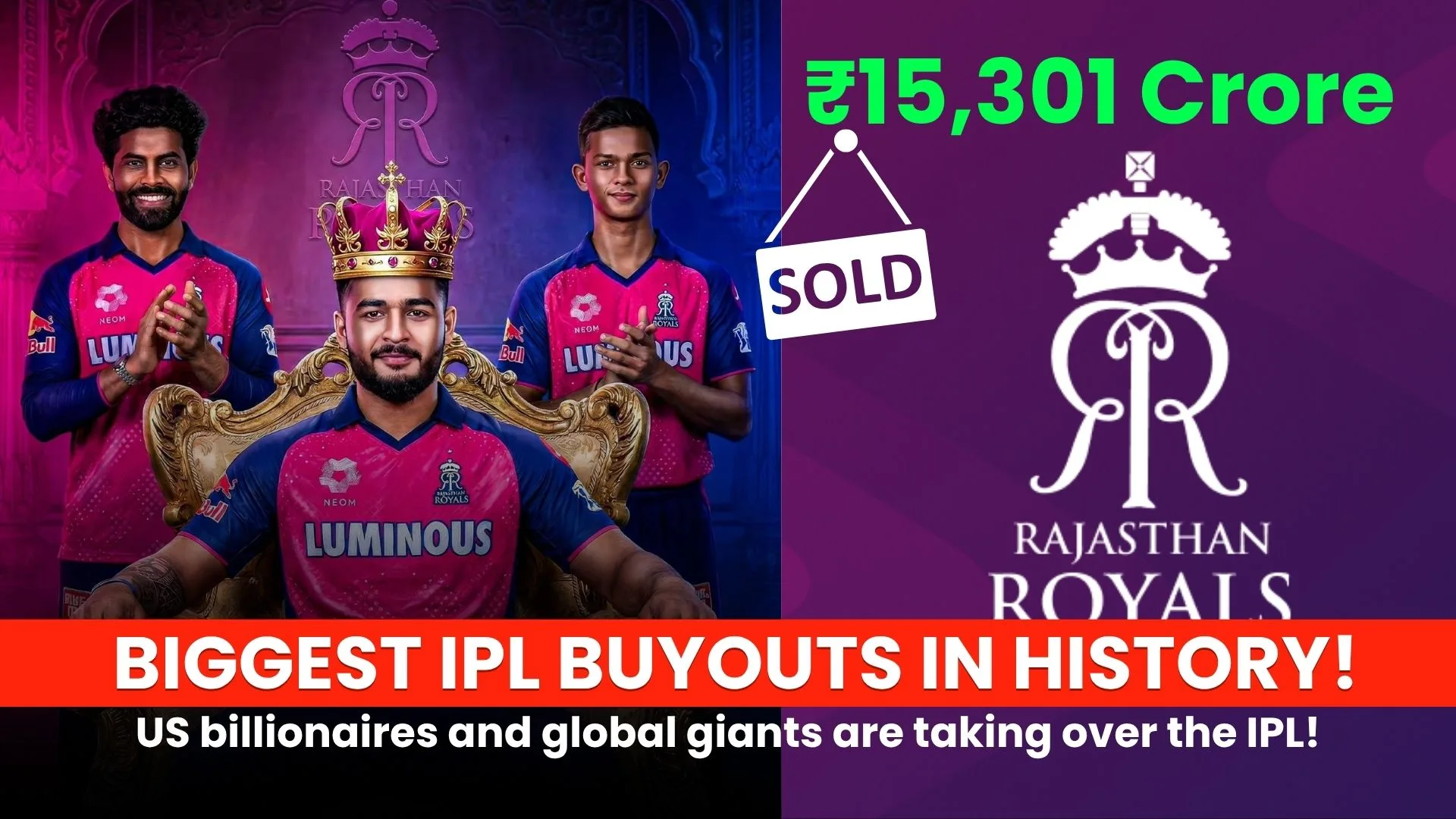 Mega IPL 2026 buyouts update: Featured image showing the $1.63B Rajasthan Royals deal and US giants targeting RCB.