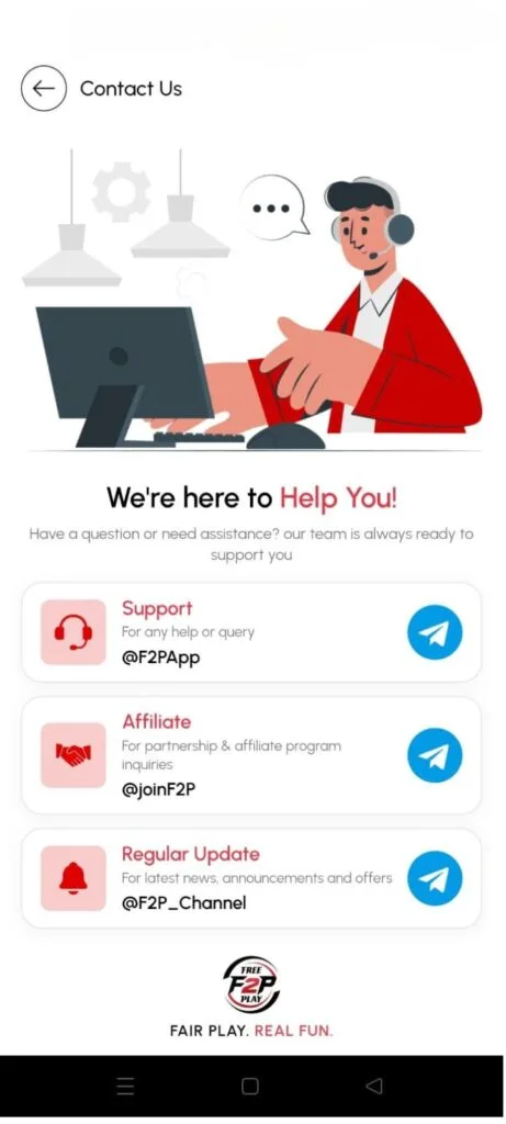 FREE2PLAY Customer Support Telegram Handles
