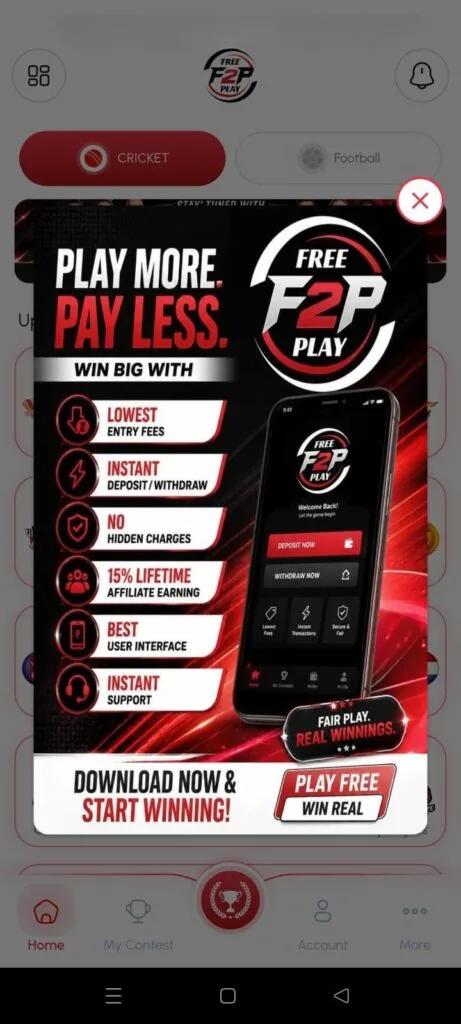 FREE2PLAY Banner - Lowest Entry Fees and 15 Percent Affiliate Earning