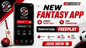 YouTube thumbnail promoting the Free2Play fantasy sports app featuring a smartphone displaying the app interface, Free2Play logo, bold text "New Fantasy App", lowest entry fees, low commission, referral code FREEPLAY, cricket and football icons, ₹0 giveaway contests, 15% affiliate commission, and a Join Now button on a premium off-white background.