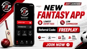 YouTube thumbnail promoting the Free2Play fantasy sports app featuring a smartphone displaying the app interface, Free2Play logo, bold text "New Fantasy App", lowest entry fees, low commission, referral code FREEPLAY, cricket and football icons, ₹0 giveaway contests, 15% affiliate commission, and a Join Now button on a premium off-white background.