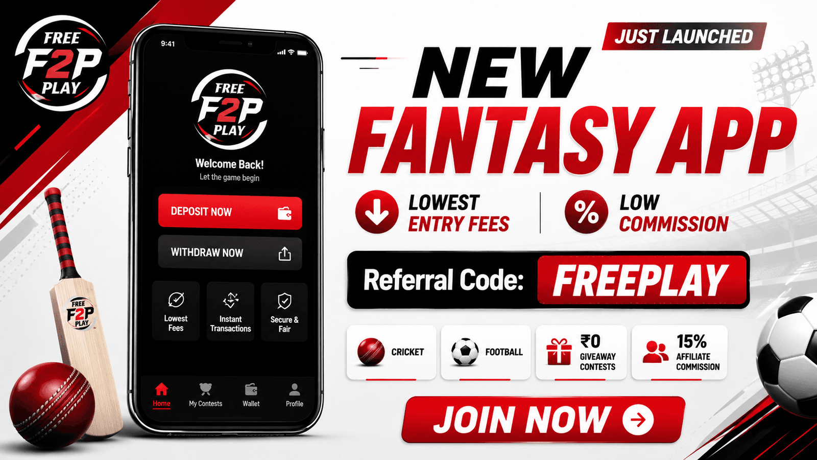 YouTube thumbnail promoting the Free2Play fantasy sports app featuring a smartphone displaying the app interface, Free2Play logo, bold text "New Fantasy App", lowest entry fees, low commission, referral code FREEPLAY, cricket and football icons, ₹0 giveaway contests, 15% affiliate commission, and a Join Now button on a premium off-white background.