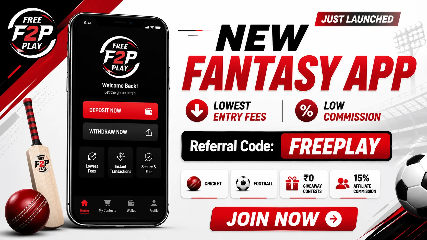 YouTube thumbnail promoting the Free2Play fantasy sports app featuring a smartphone displaying the app interface, Free2Play logo, bold text "New Fantasy App", lowest entry fees, low commission, referral code FREEPLAY, cricket and football icons, ₹0 giveaway contests, 15% affiliate commission, and a Join Now button on a premium off-white background.